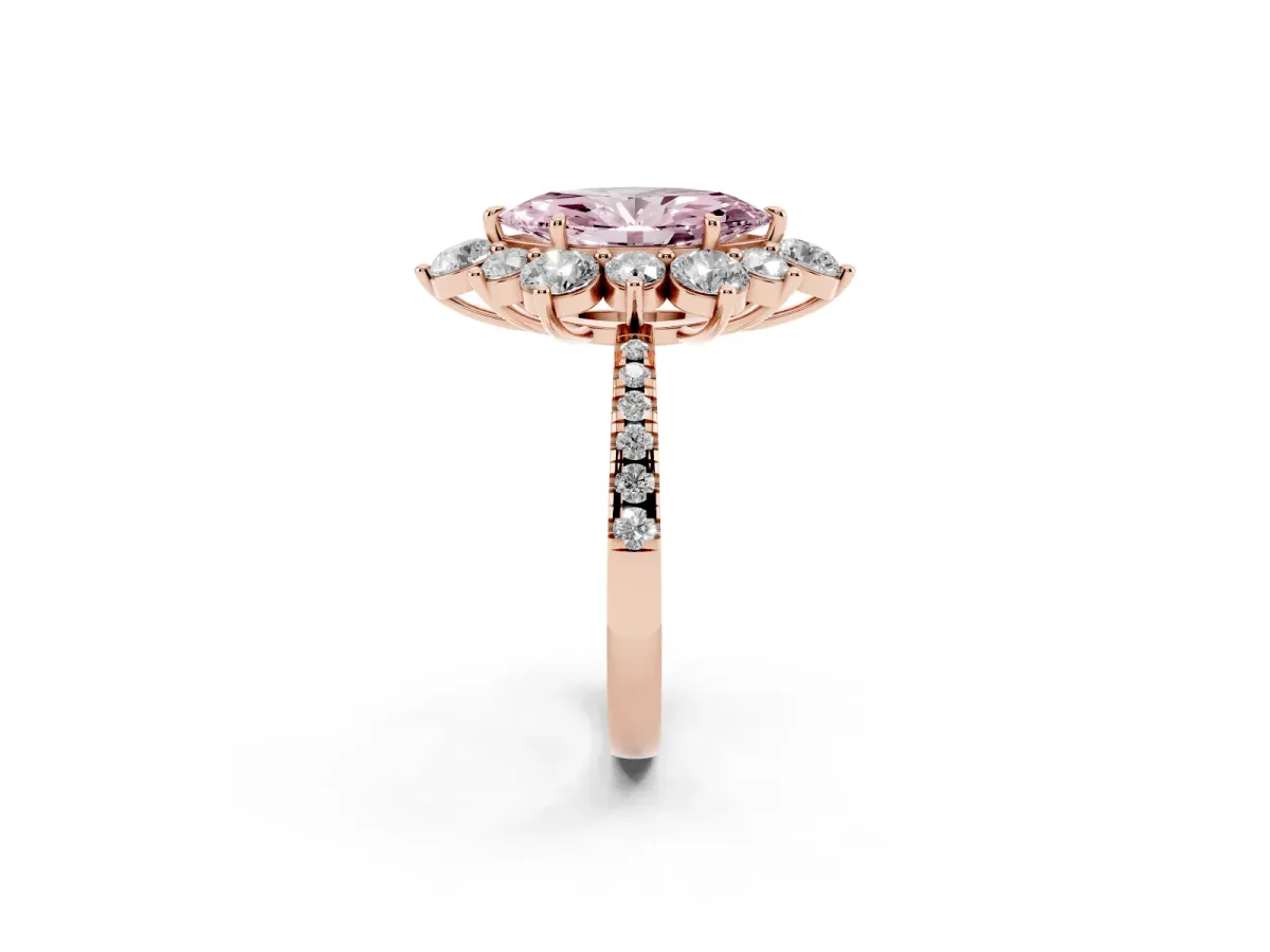 Fancy Pink Marquise Cut Diamond Floral Halo Ring with Round Pavé Band and Prong Setting Rose gold