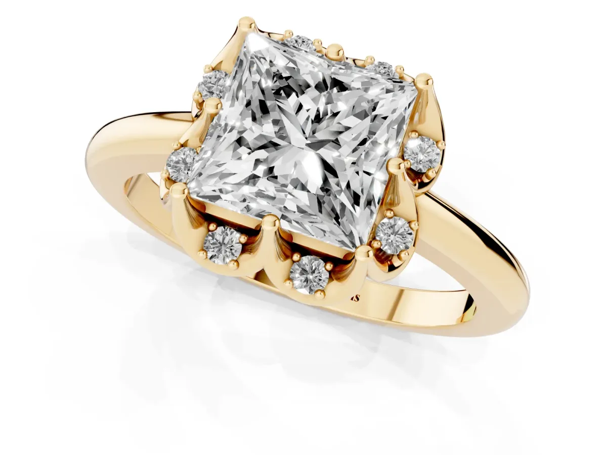 Princess Cut Halo Diamond Ring with Round Cluster Setting, Solitaire Band, and Four-Prong Setting Yellow gold