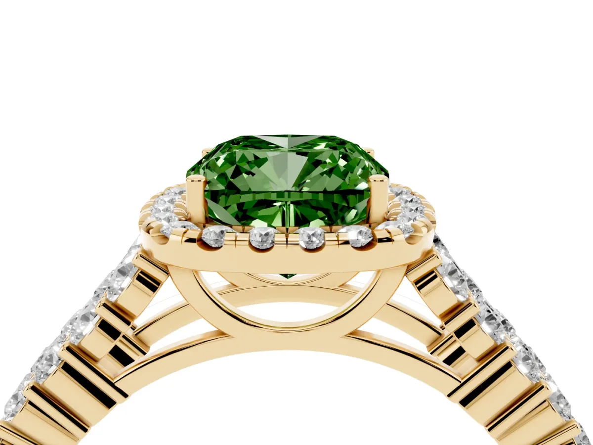 Fancy Green Cushion Cut Diamond Halo Engagement Ring with Triple Row Round Pavé Band and Prong Setting Yellow gold