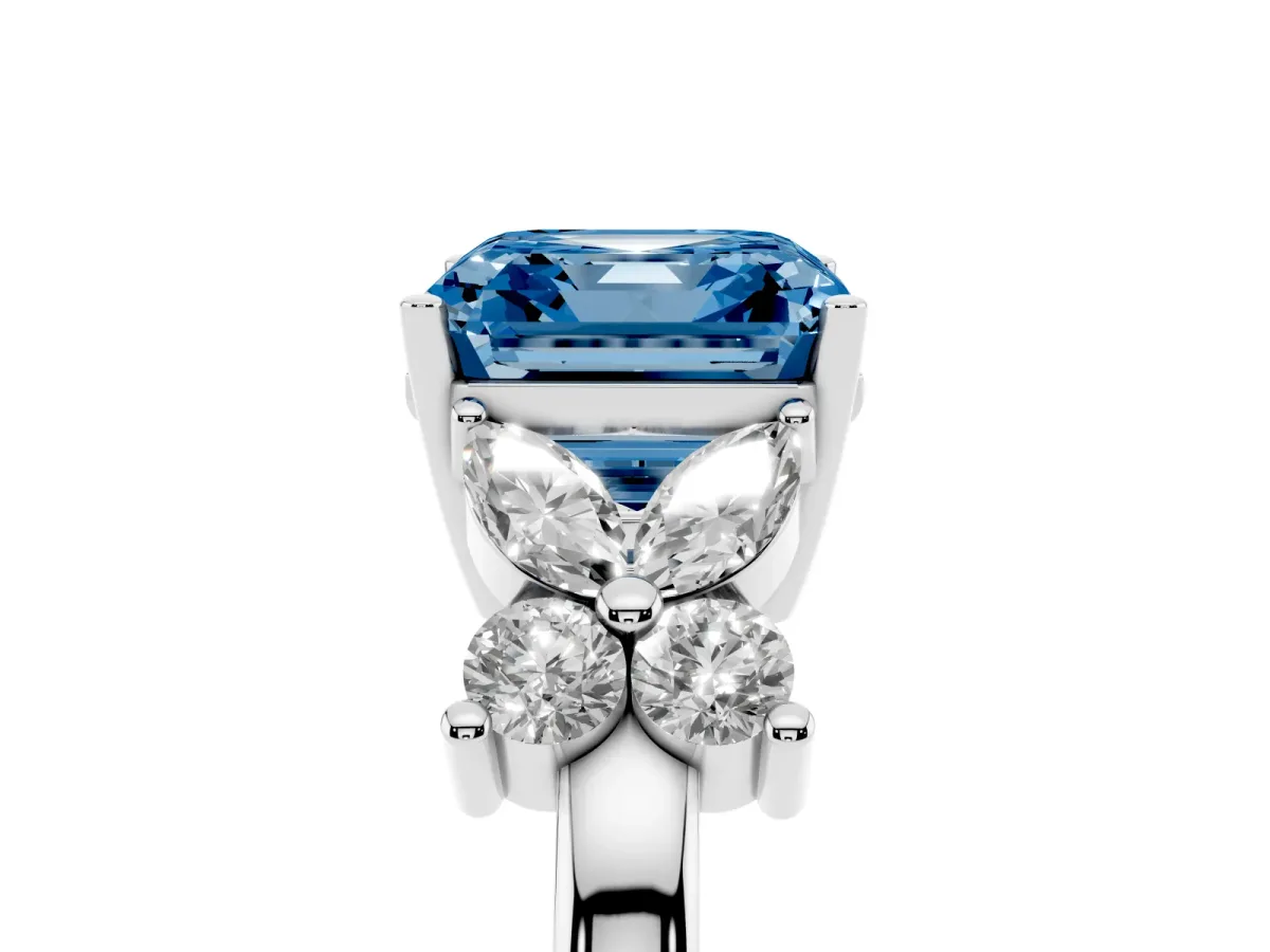 Fancy Blue Asscher Cut Diamond Floral Cluster Ring with Solitaire Band and Prong Setting Platinum