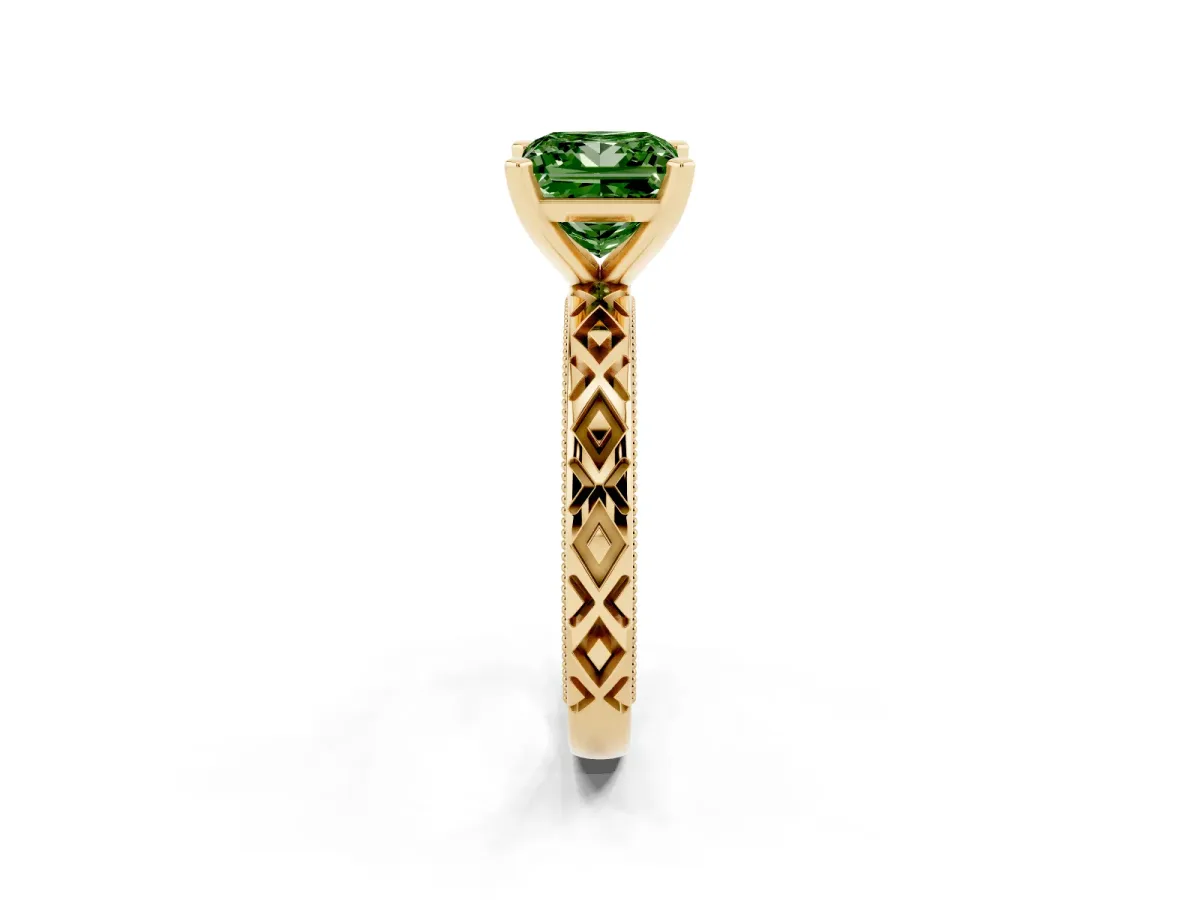 Fancy Green Princess Cut Solitaire Diamond Ring with Milgrain and Black Enamel X Pattern Band Yellow gold