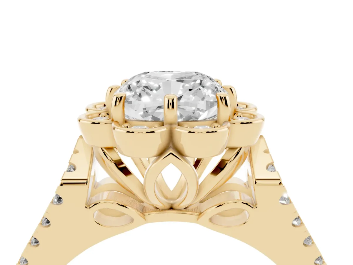 Cushion Cut Halo Diamond Floral Split Shank Engagement Ring Yellow gold