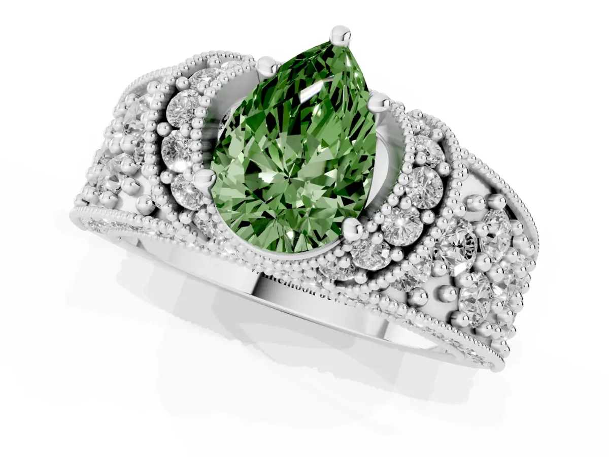 Fancy Green Pear Cut Halo Pave Diamond Engagement Ring with Milgrain Detailing Silver