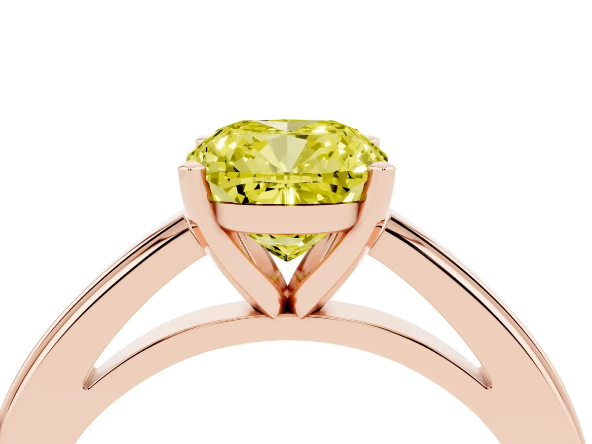 Fancy Yellow Cushion Cut Solitaire Diamond Ring with Four-Prong Setting and Classic Band Rose gold