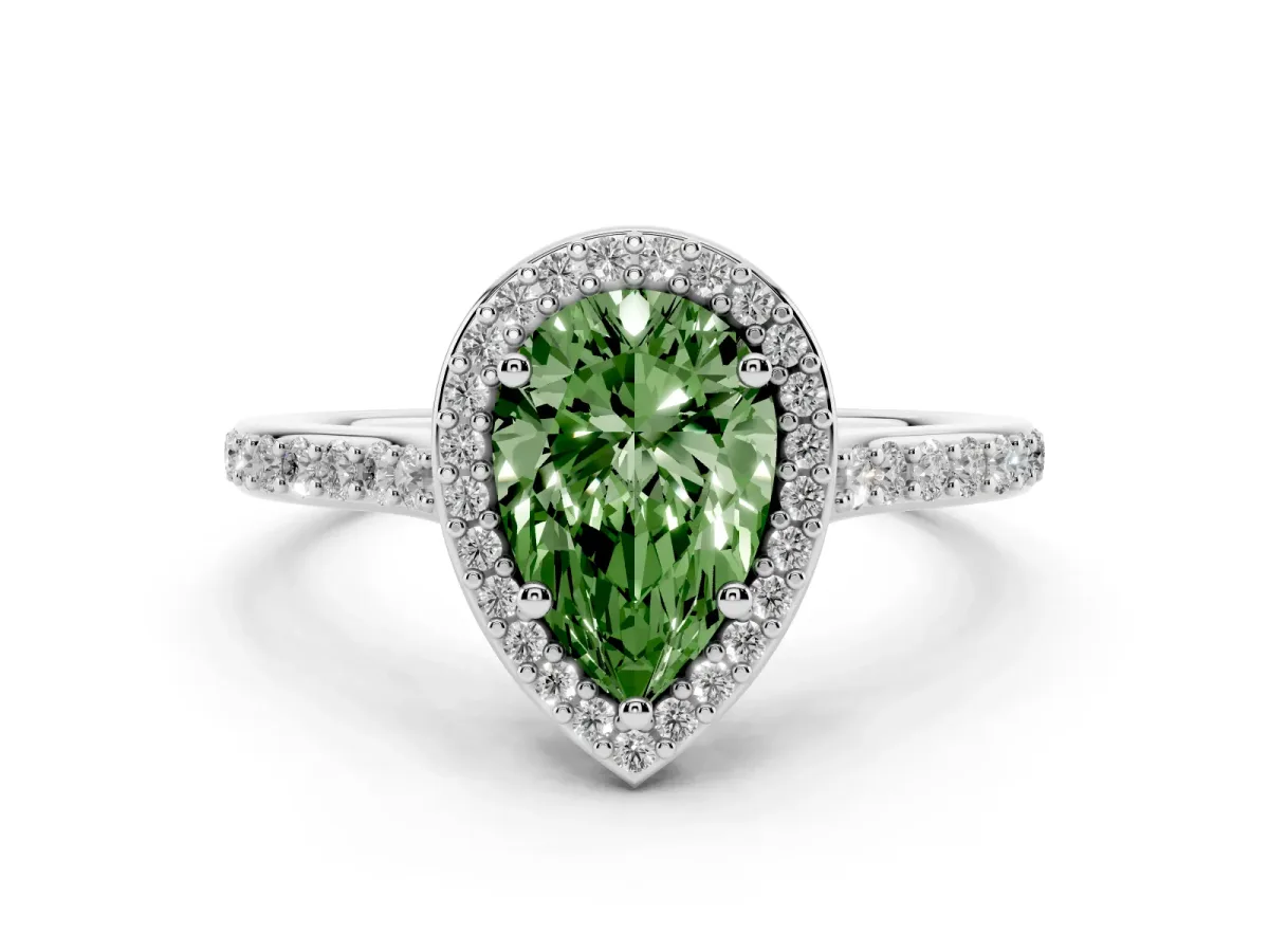 Fancy Green Pear Cut Diamond Halo Engagement Ring with Round Pavé Shoulders and Prong Setting White gold
