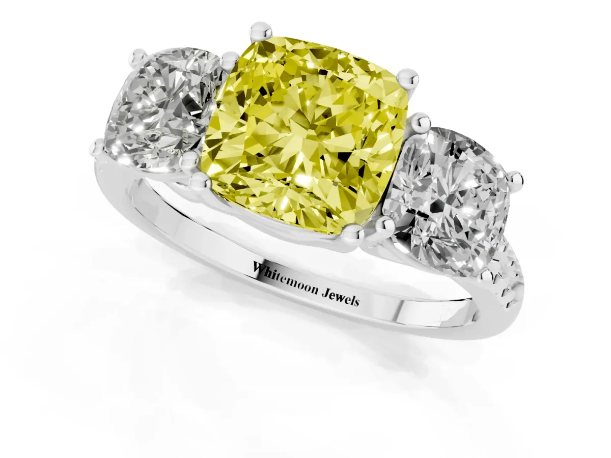 Fancy Yellow Three-Stone Cushion Cut Diamond Ring with Round Pavé Band and Prong Setting Silver