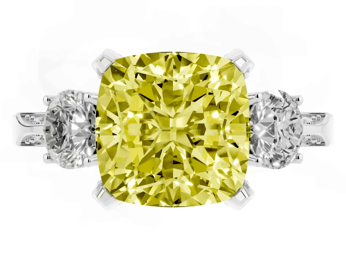 Fancy Yellow Cushion Cut Brilliant Three-Stone Diamond Ring with Pavé Band and Four-Prong Setting Platinum