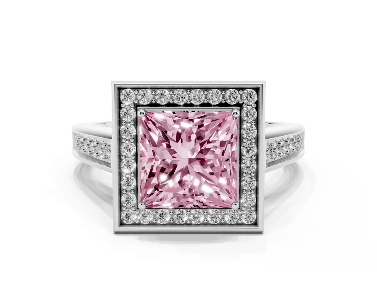 Fancy Pink Princess Cut Halo Solitaire Diamond Ring with Pave Band and Bezel Setting White gold