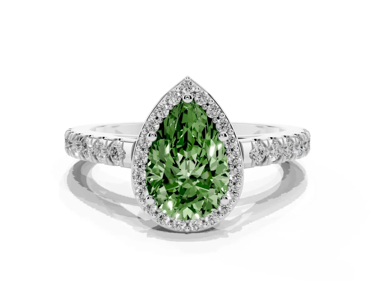 Fancy Green Pear Cut Cut Halo Diamond Engagement Ring with Pave Band and Four-Prong Setting White gold