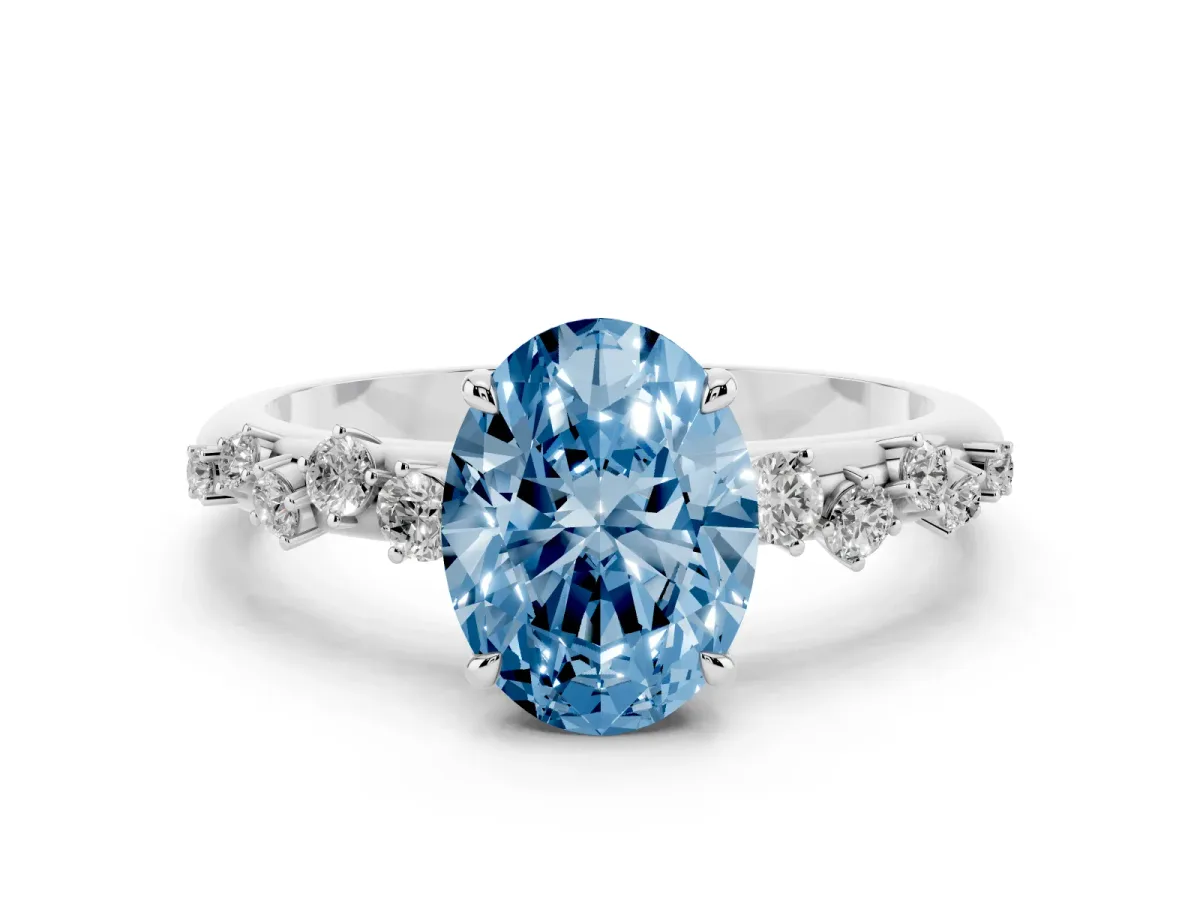 Fancy Blue Oval Cut Diamond Cluster Prong-Set Solitaire Ring Platinum