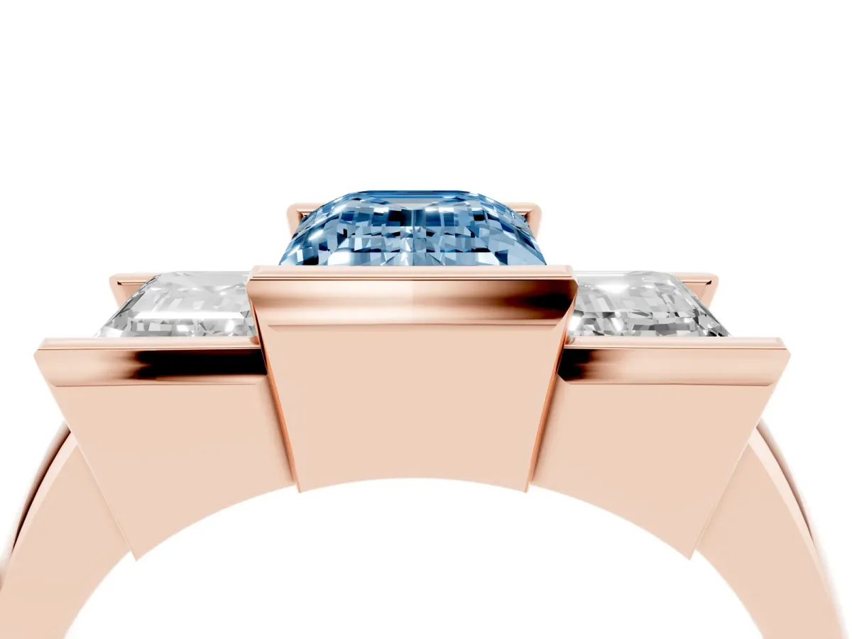 Fancy Blue Three Stone Emerald Cut Cut Channel Set Diamond Ring Rose gold