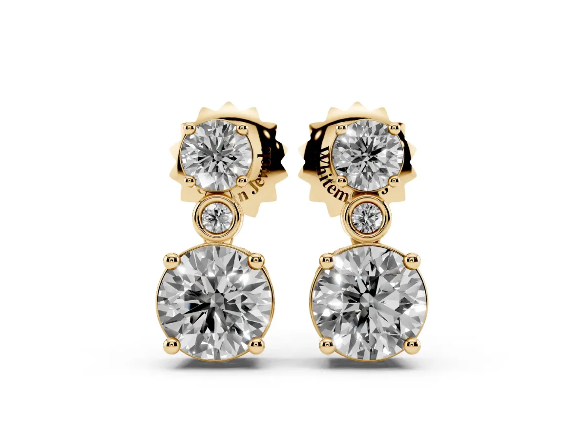 Round Diamond Two Stone Drop Earrings with Bezel Diamond Accent Yellow gold