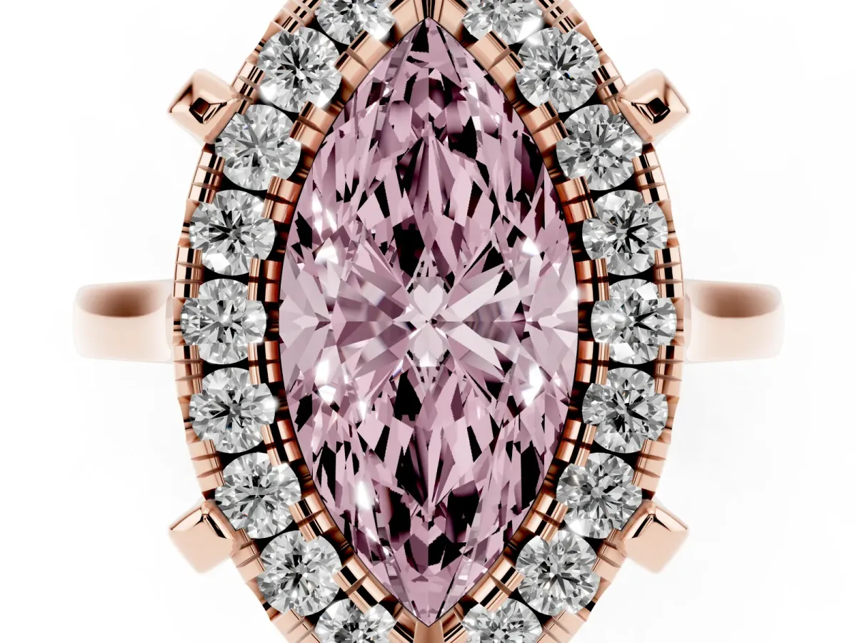 Fancy Pink Marquise Cut Diamond Cluster Halo Solitaire with Four-Prong Setting Rose gold