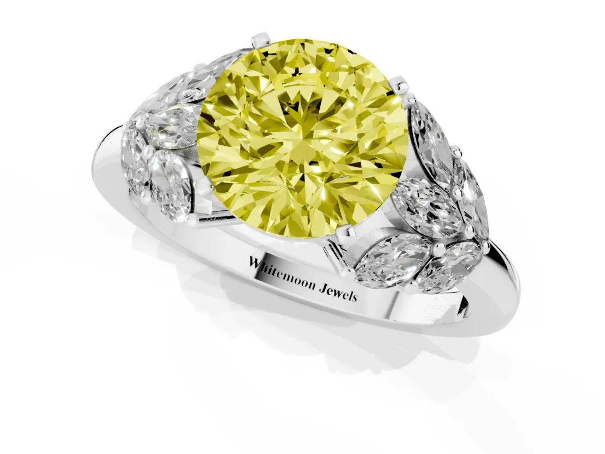 Fancy Yellow Round Cut Diamond Cluster Leaf Design Ring with Prong Setting Silver