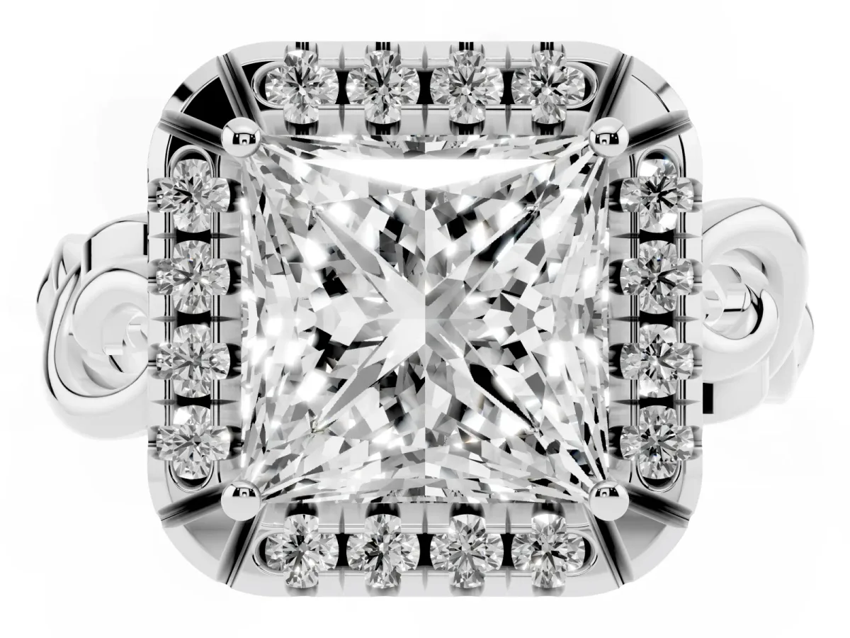 Princess Cut Cut Halo Diamond Ring with Scrollwork Band and Four-Prong Setting Platinum