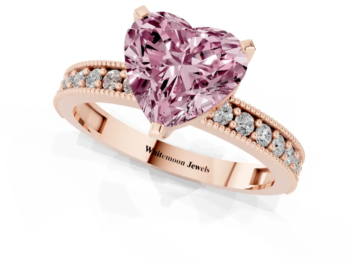 Fancy Pink Heart Cut Diamond Milgrain Pavé Engagement Ring with Four-Prong Setting Rose gold