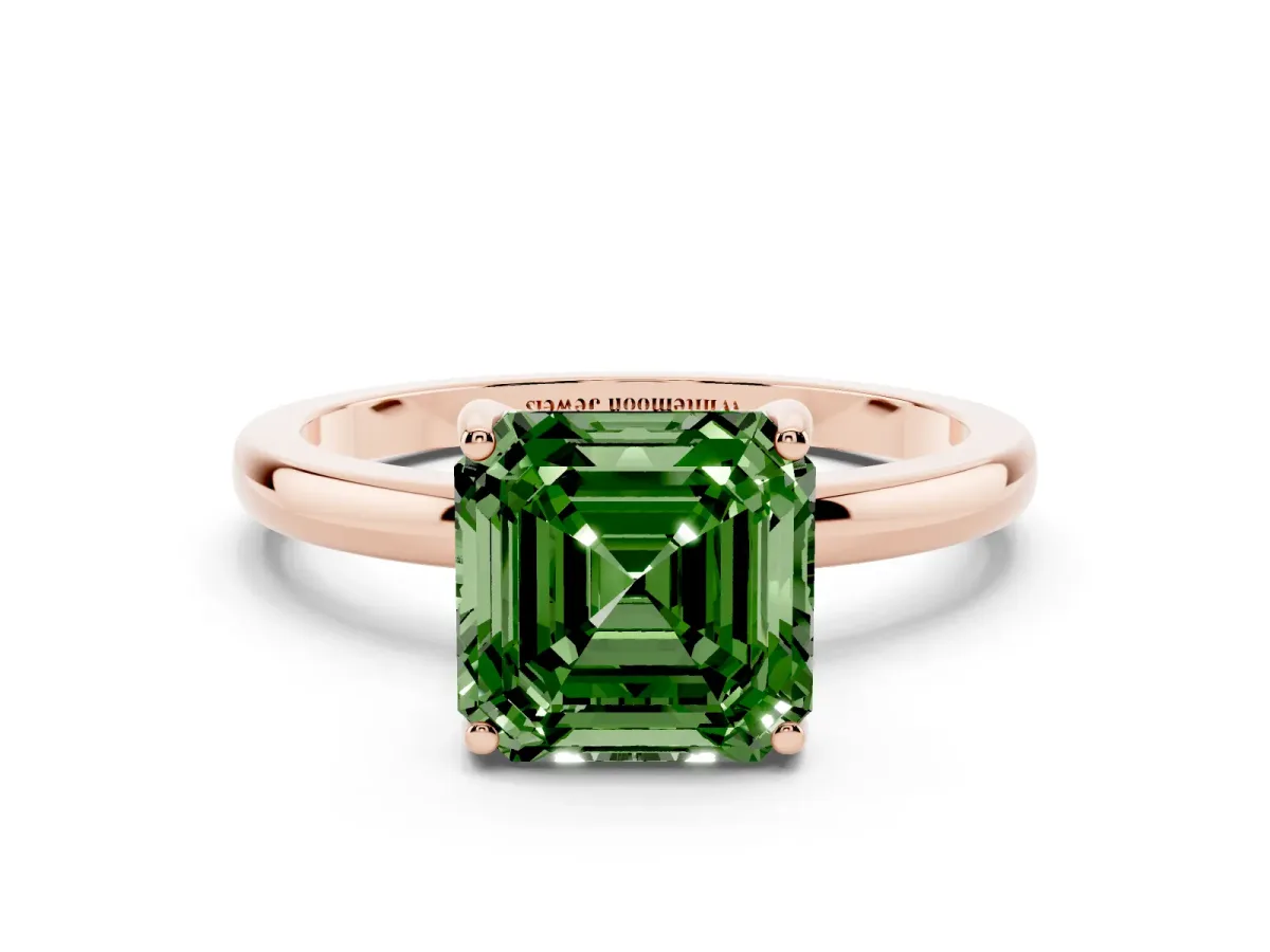 Fancy Green Asscher Cut Solitaire Diamond Ring with Prong Setting and Plain Band Rose gold