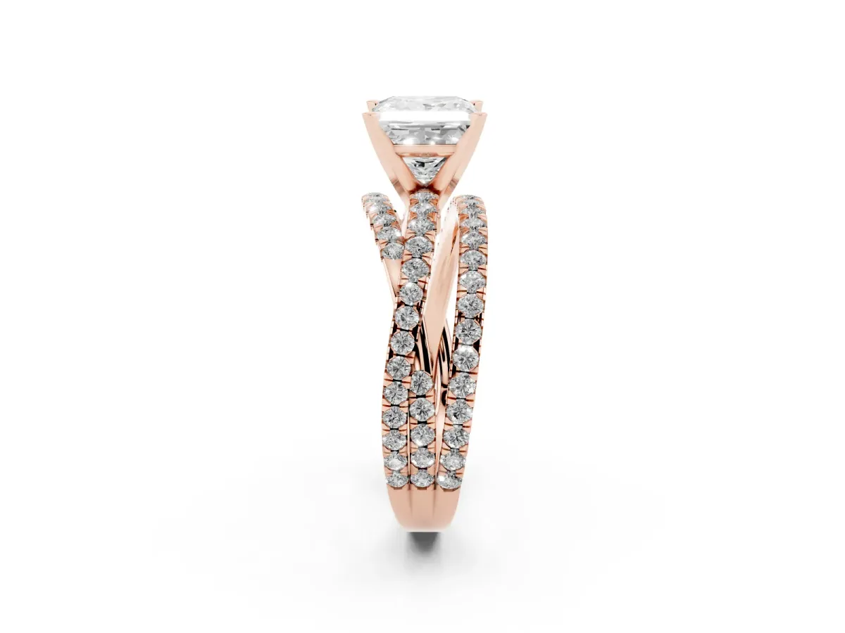 Princess Cut Solitaire Twist Band with Pavé Setting and Four-Prong Setting Rose gold