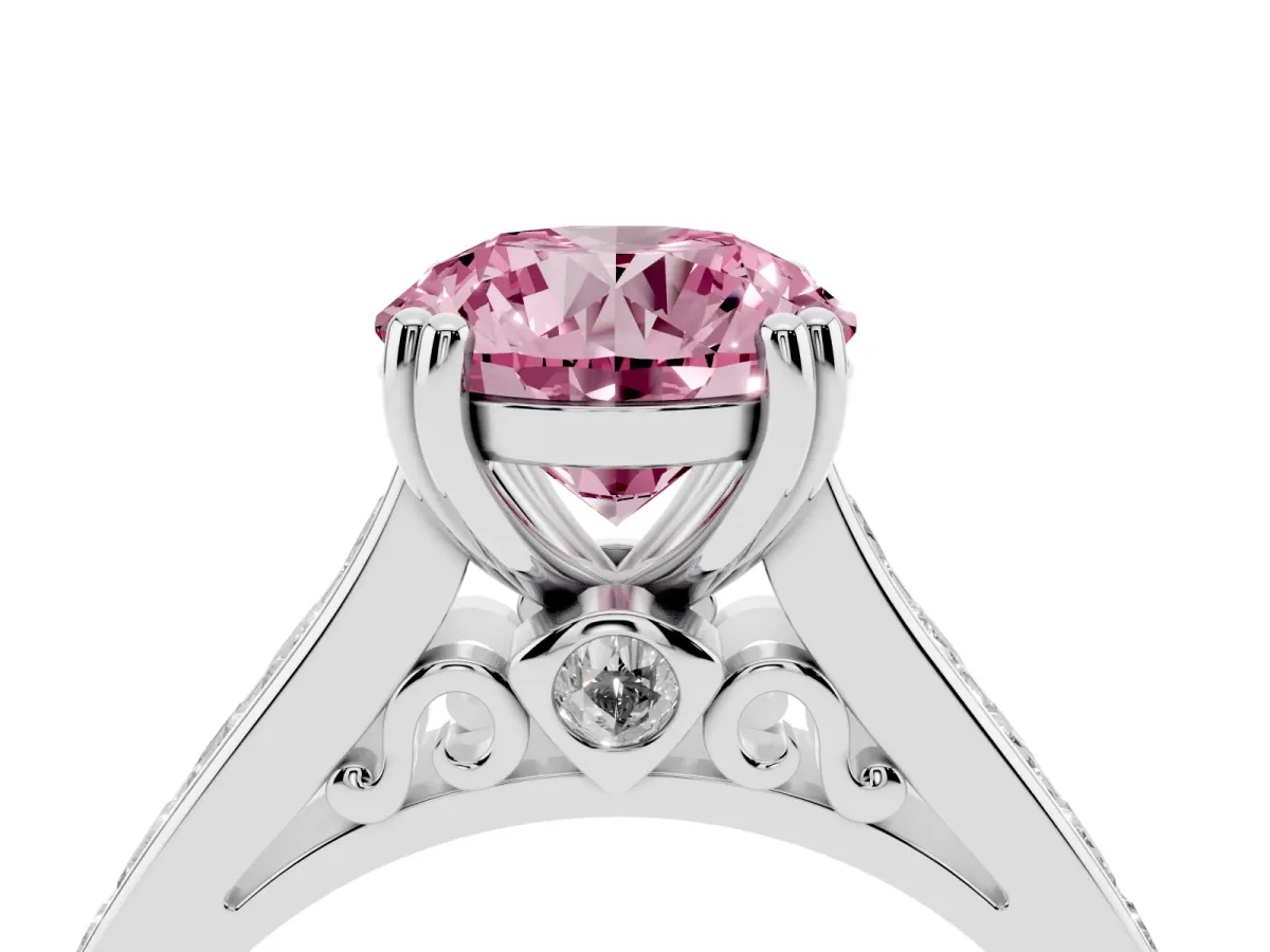 Fancy Pink Round Cut Cut Channel Set Solitaire Engagement Ring with Prong Setting Platinum