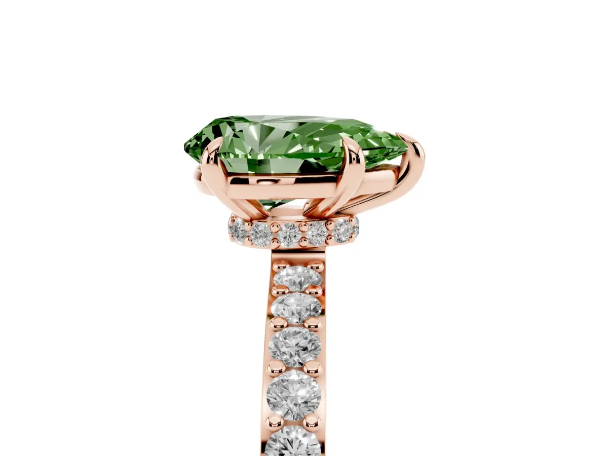 Fancy Green Pear Cut Diamond Pavé Engagement Ring with Round Accents and Prong Setting Rose gold