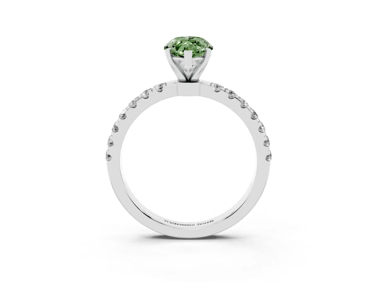 Fancy Green Marquise Cut Diamond Solitaire Ring with Pavé Accents and Four-Prong Setting Platinum