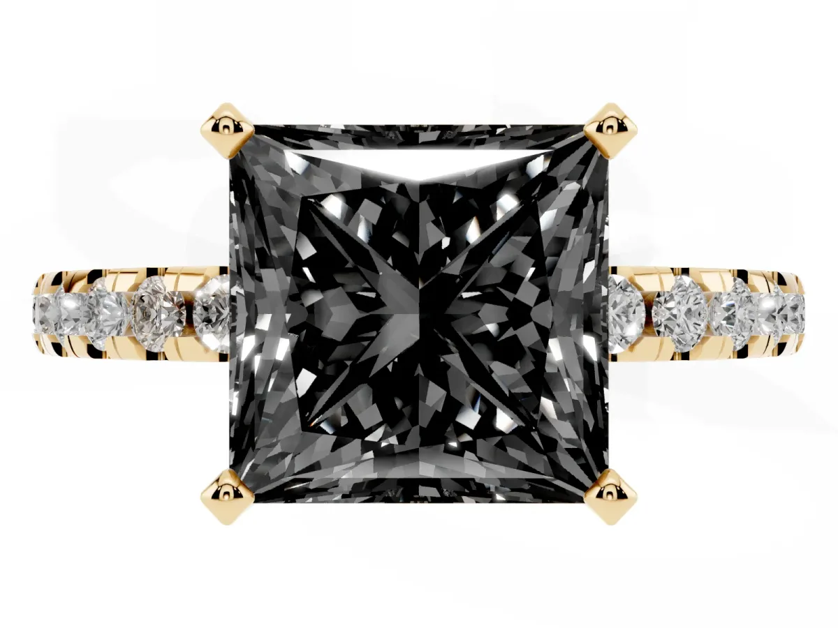 Fancy Black Princess Cut Diamond Solitaire Ring with Round Pavé Band and Four-Prong Setting Yellow gold