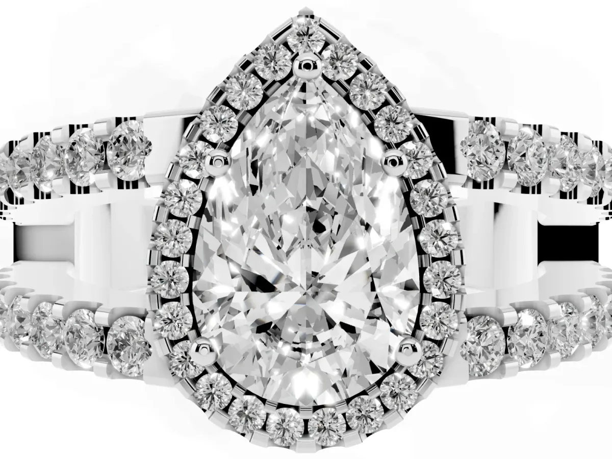 Pear Cut Cut Halo Split Shank Diamond Ring with Four-Prong Setting Platinum