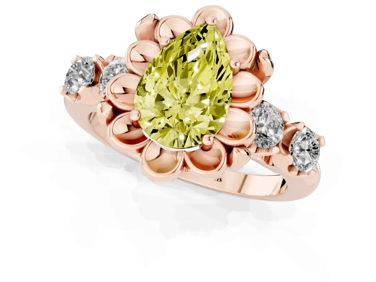 Fancy Yellow Pear Cut Cut Diamond Floral Halo Engagement Ring with Shared Prong Setting Rose gold