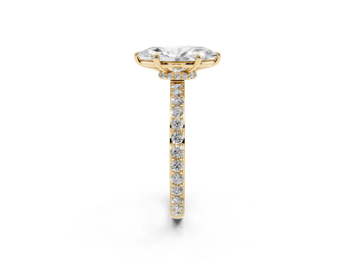 Marquise Cut Diamond Pavé Engagement Ring with Round Accents and Prong Setting Yellow gold