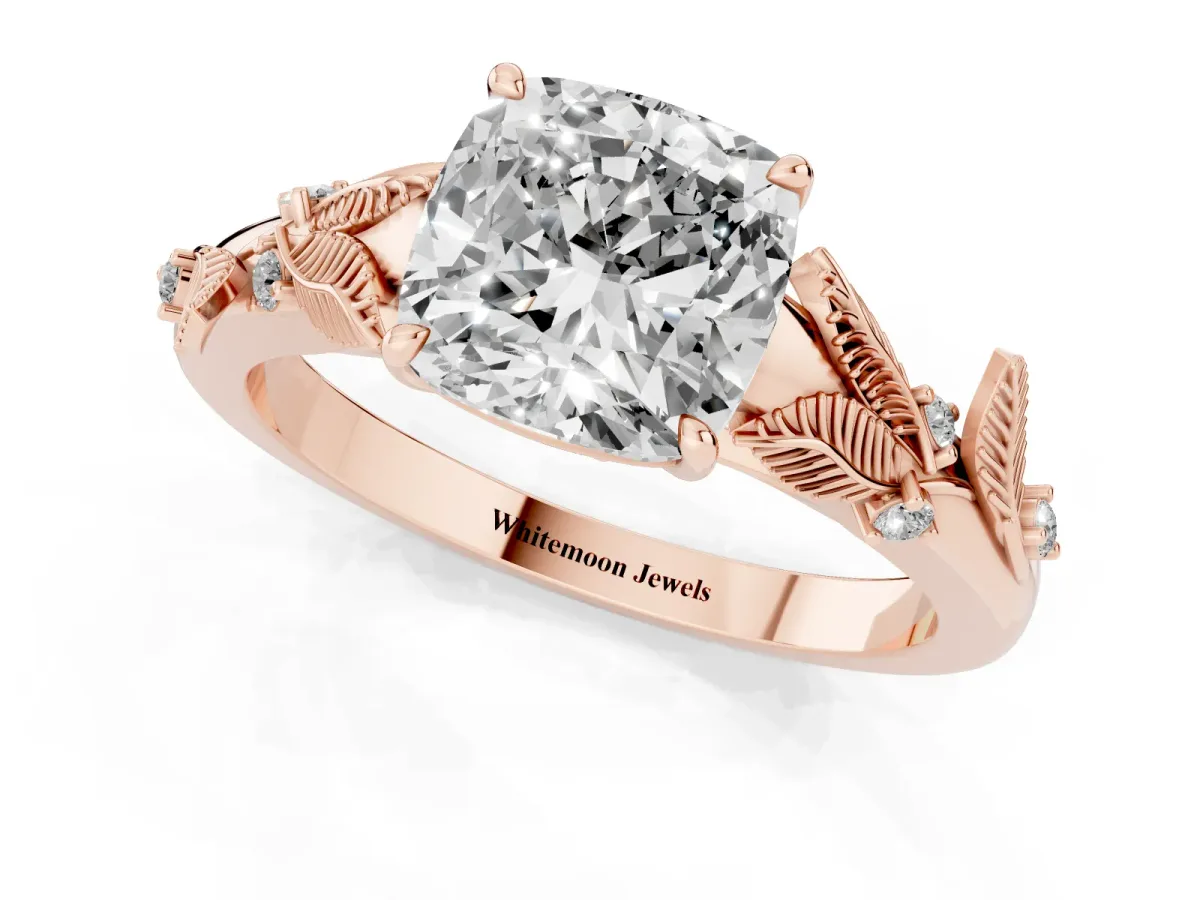 Cushion Cut Diamond Solitaire Ring with Leaf Motif Band and Four-Prong Setting Rose gold