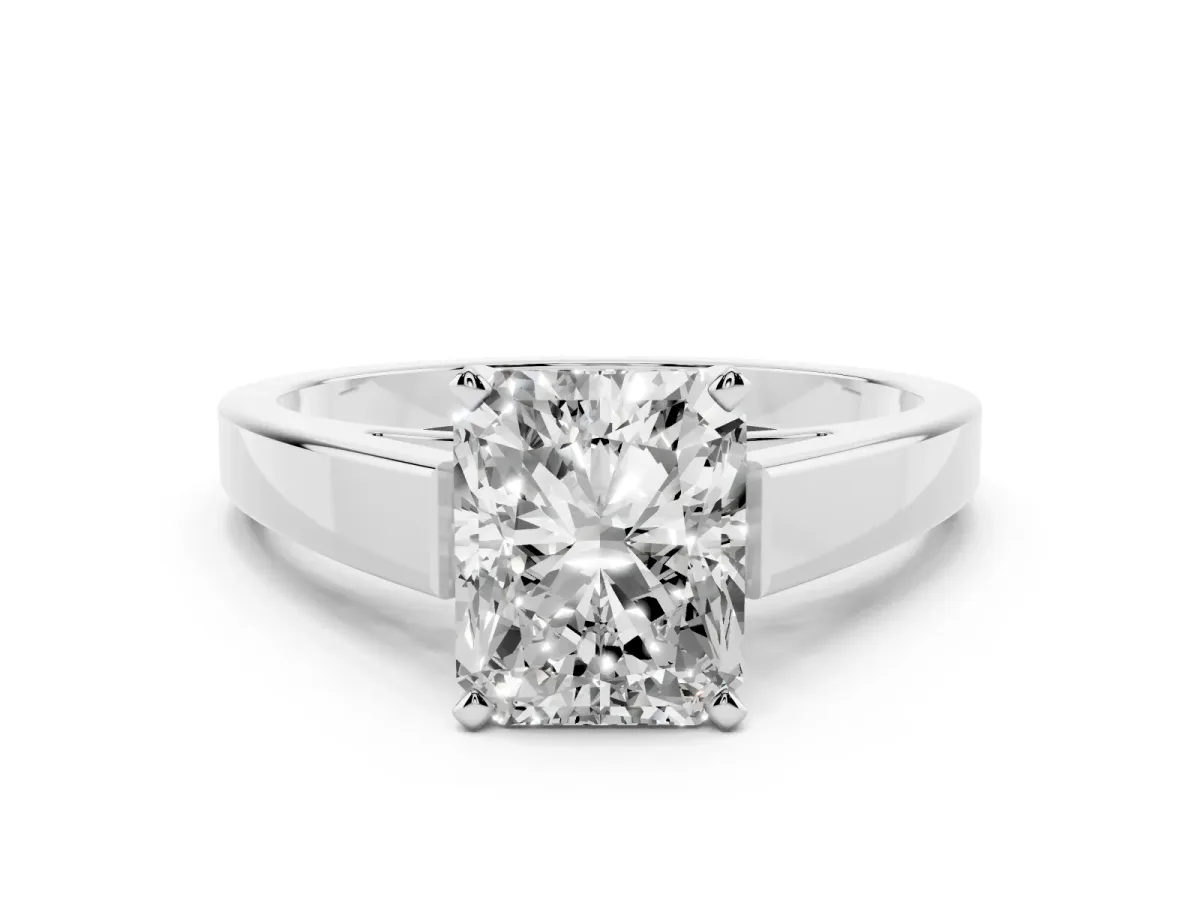 Radiant Cut Solitaire Engagement Ring with Four-Prong Setting and Tapered Band Silver