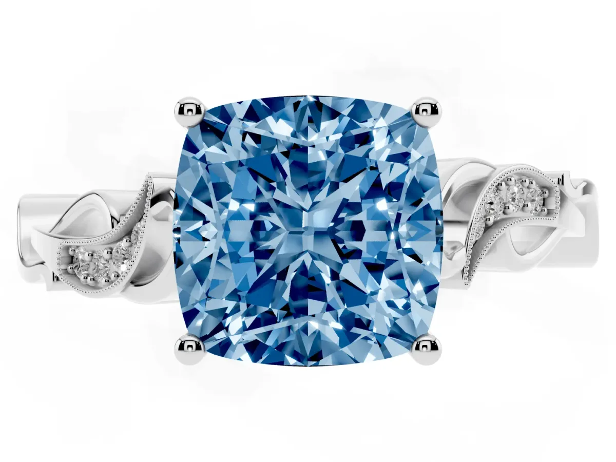 Fancy Blue Cushion Cut Solitaire Vine Band with Milgrain Prong Setting Silver