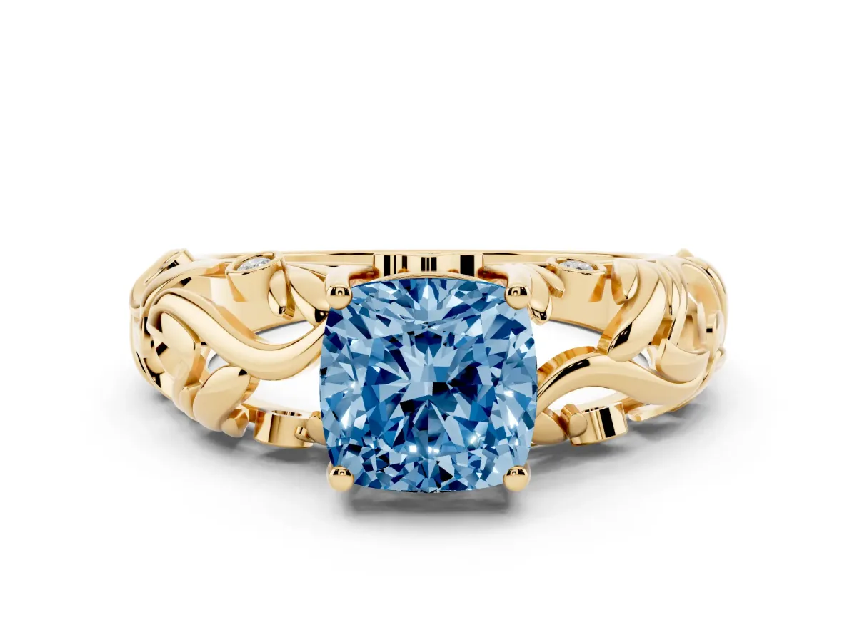 Fancy Blue Cushion Cut Solitaire Diamond Leaf-Inspired Vine Band Ring with Prong Setting Yellow gold