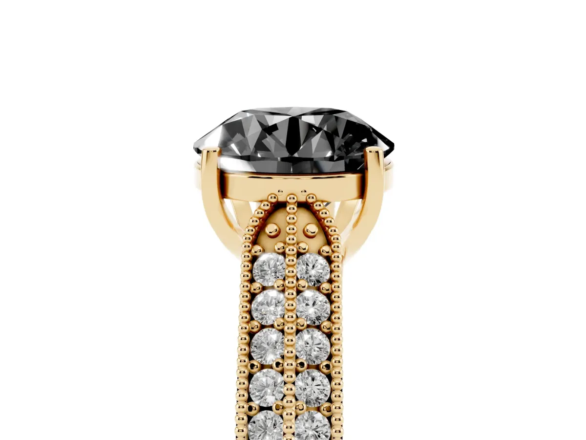 Fancy Black Round Cut Cut Pave Split Shank Engagement Ring with Four-Prong Setting Yellow gold