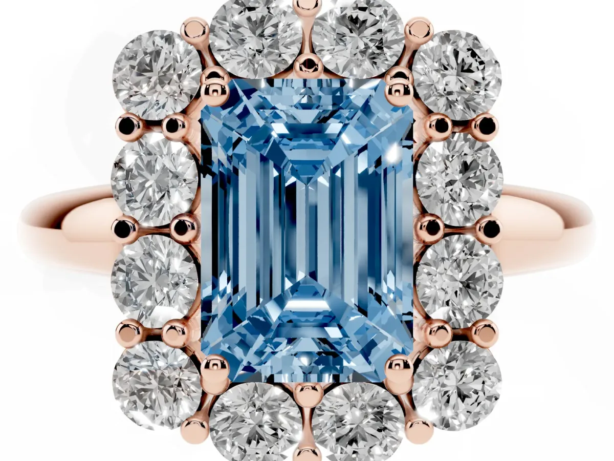 Fancy Blue Emerald Cut Halo Cluster Diamond Engagement Ring with Prong Setting and Polished Band Rose gold