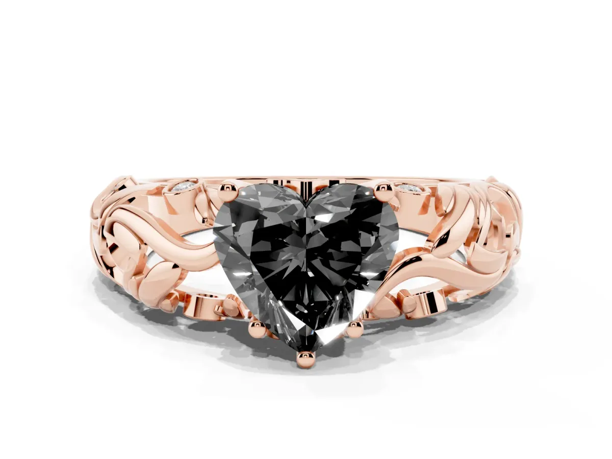 Fancy Black Heart Cut Solitaire Diamond Leaf-Inspired Vine Band Ring with Prong Setting Rose gold