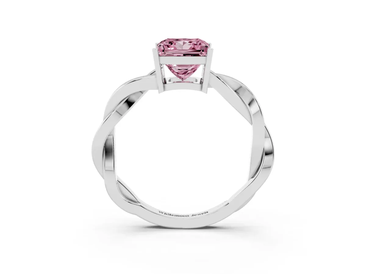 Fancy Pink Princess Cut Solitaire Twisted Pave Diamond Ring with Four-Prong Setting Silver