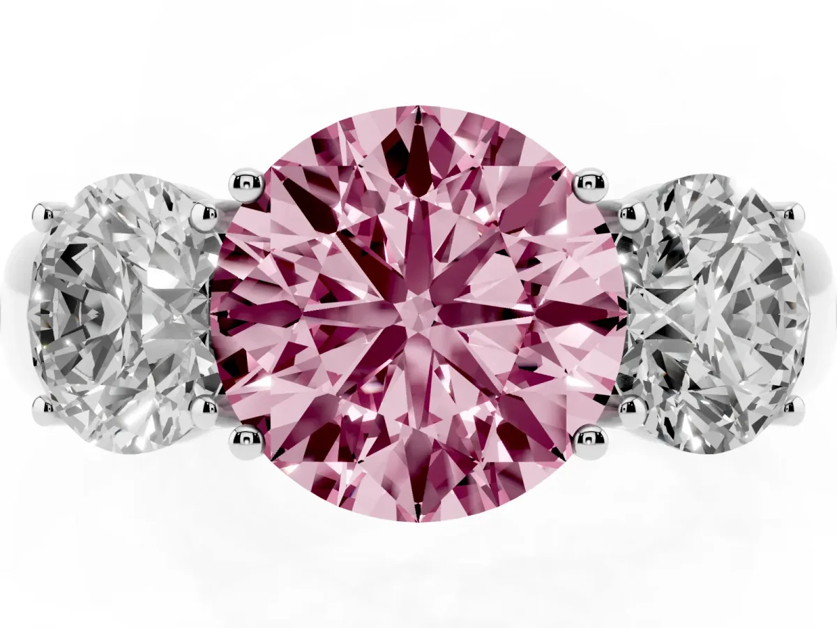Fancy Pink Three-Stone Round Cut Cut Diamond Ring with Prong Setting and Classic Band Platinum
