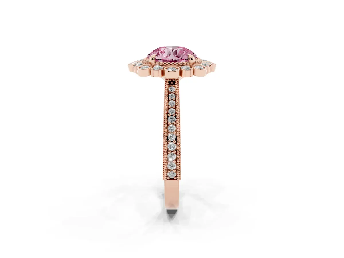 Fancy Pink Round Cut Halo Milgrain Pave Diamond Ring with Four-Prong Setting Rose gold