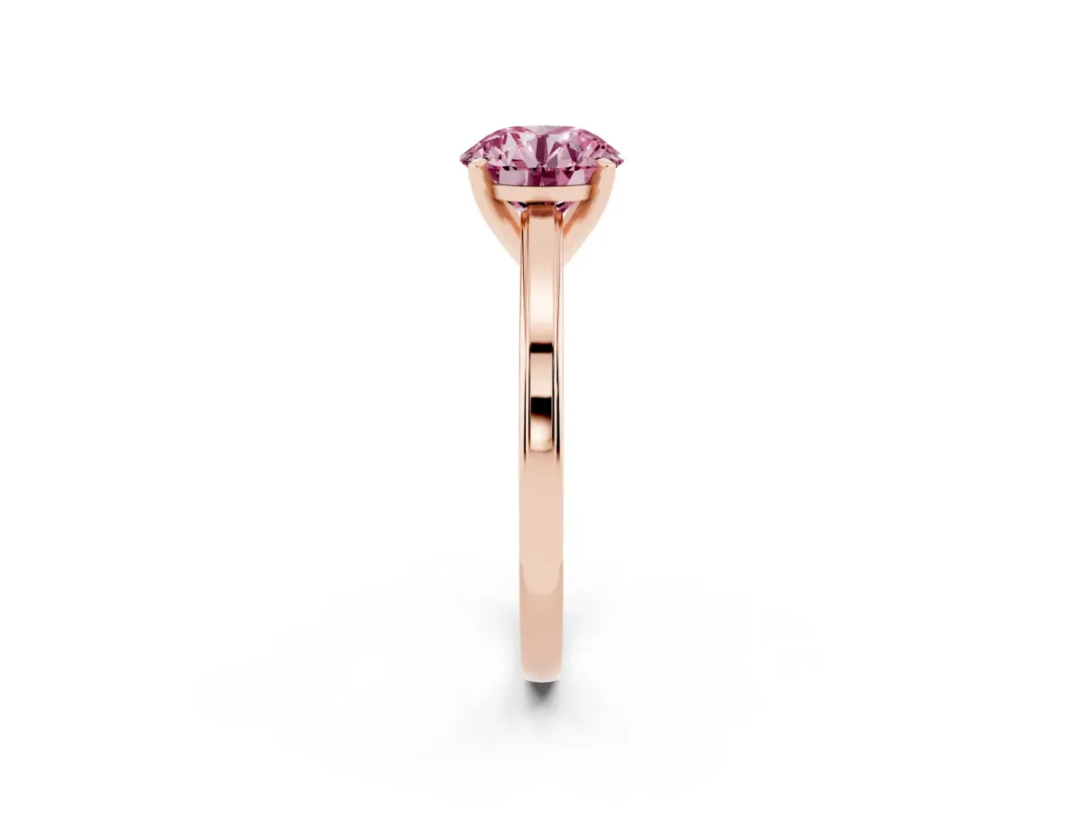 Fancy Pink Round Cut Solitaire Diamond Ring with Four-Prong Setting and Classic Band Rose gold