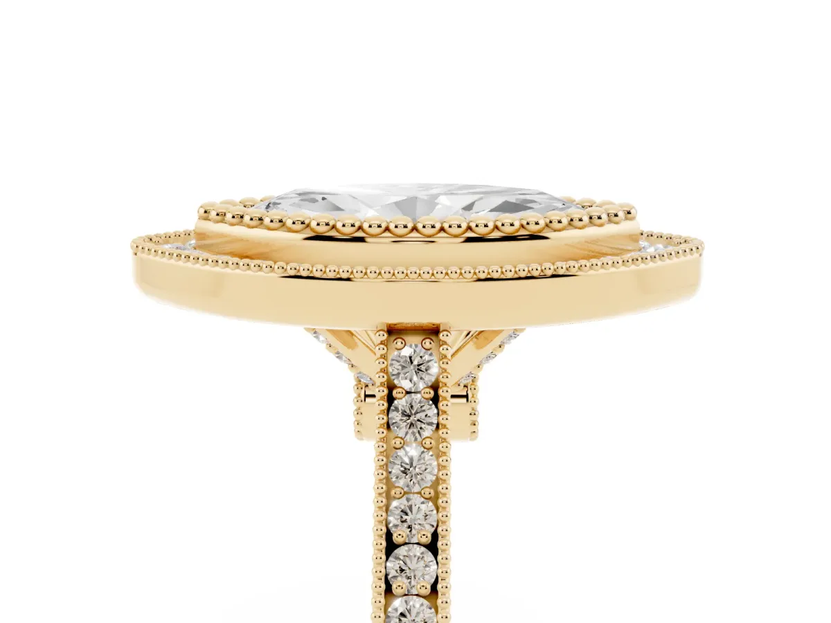 Marquise Cut Diamond Halo Ring with Milgrain Frame and Pavé Band Yellow gold