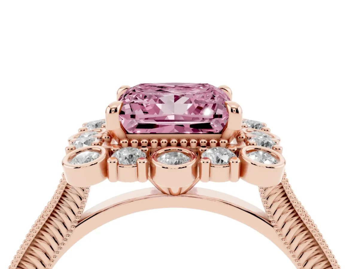 Fancy Pink Princess Cut Halo Milgrain Pave Diamond Ring with Four-Prong Setting Rose gold