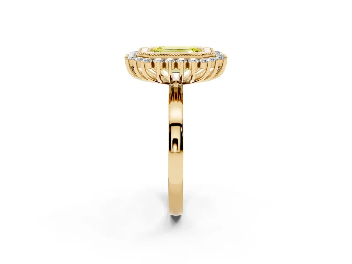 Fancy Yellow Emerald Cut Halo Diamond Ring with Milgrain Edge and Round Prong Setting Yellow gold