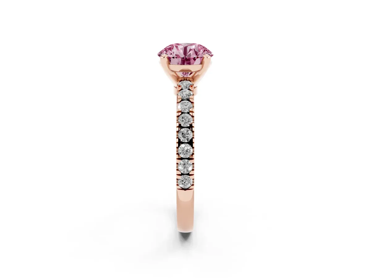 Fancy Pink Round Cut Solitaire Diamond with Pavé Band and Four-Prong Setting Rose gold