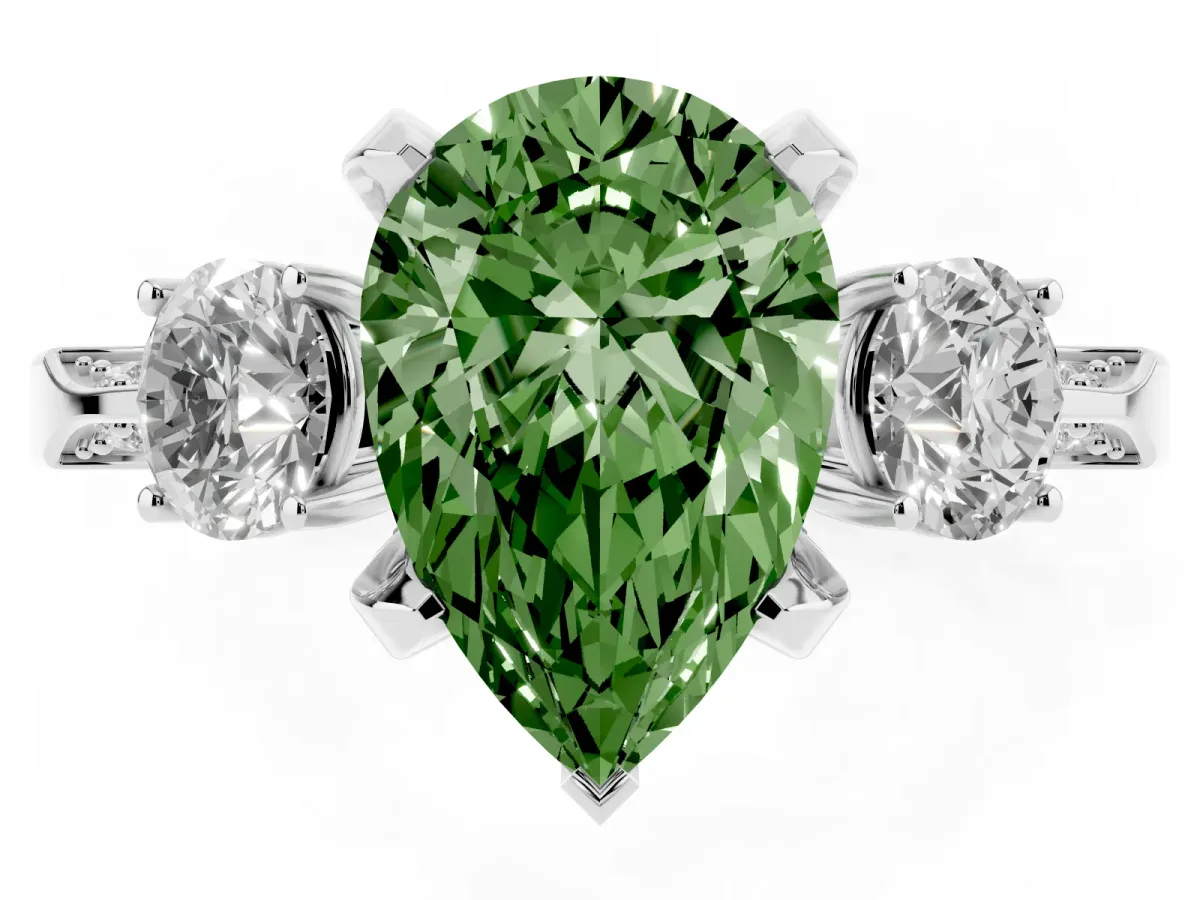 Fancy Green Pear Cut Brilliant Three-Stone Diamond Ring with Pavé Band and Four-Prong Setting Silver