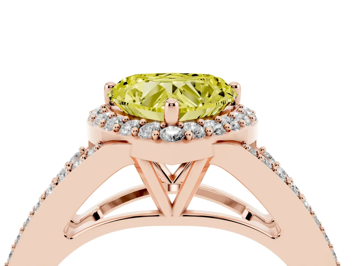 Fancy Yellow Heart Cut Halo Split Shank Pave Diamond Ring with Four-Prong Setting Rose gold