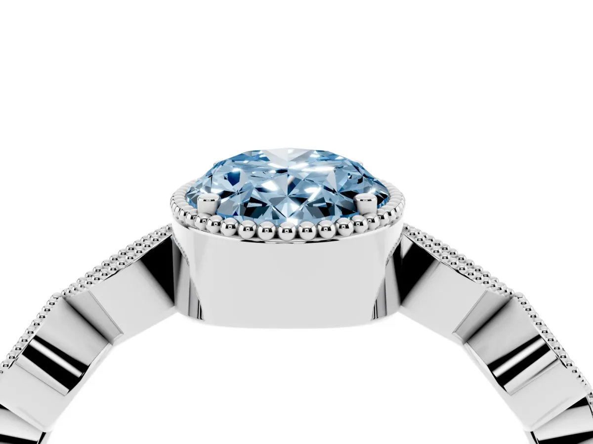 Fancy Blue Oval Cut Diamond Vintage Milgrain Ring with Round Stations Platinum