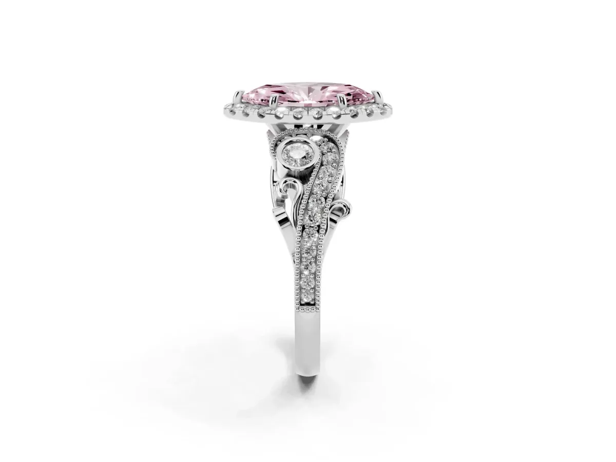 Fancy Pink Marquise Cut Halo Diamond Ring with Milgrain and Bezel Accents on a Split Shank Band White gold
