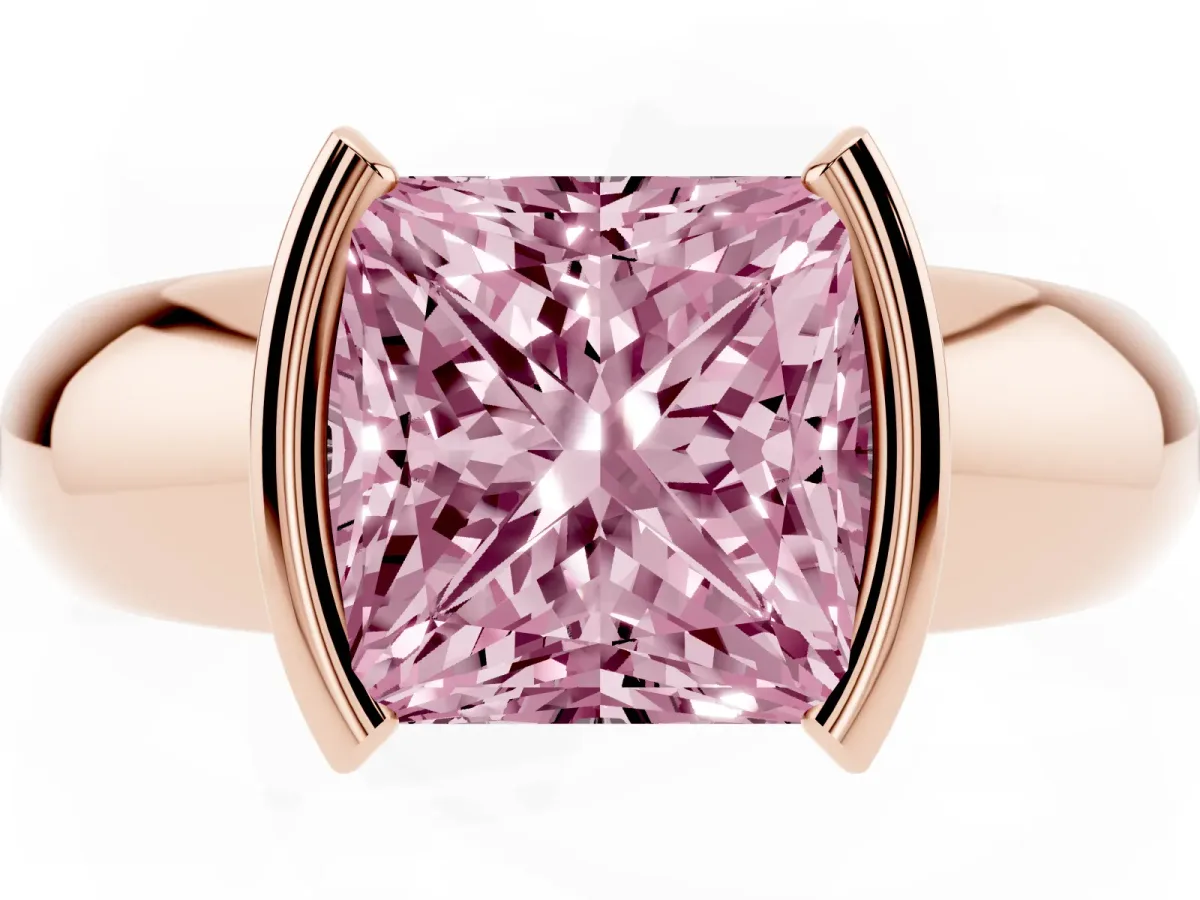 Fancy Pink Princess Cut Solitaire Tension Set Diamond Ring with Wide Band Rose gold