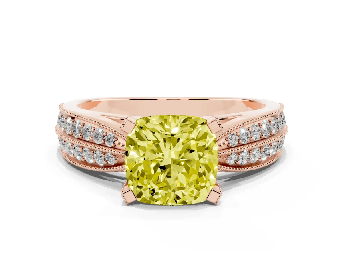 Fancy Yellow Cushion Cut Diamond Solitaire Ring with Milgrain Round Pavé Band and Prong Setting Rose gold